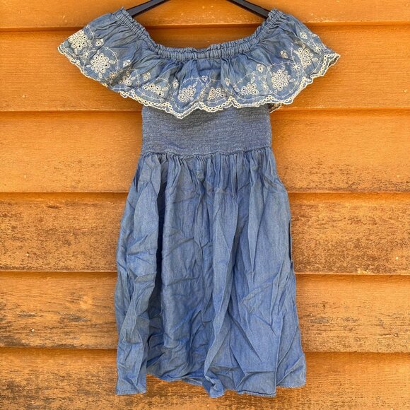Off-The-Shoulder Chambray Dress With Floral Embroidery & Smocked Bodice Size S X - Picture 1 of 10